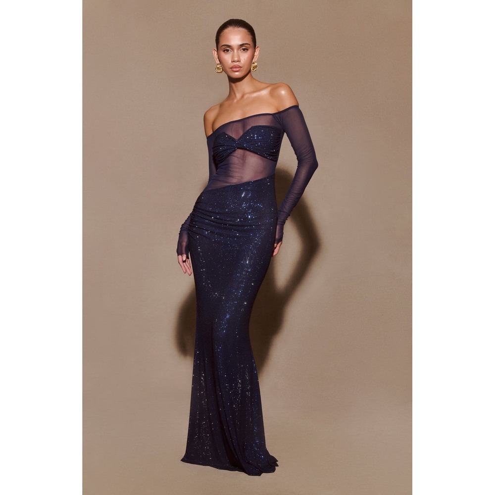 MESHKI Nash Diamante Navy Off Shoulder Maxi Dress Size XS